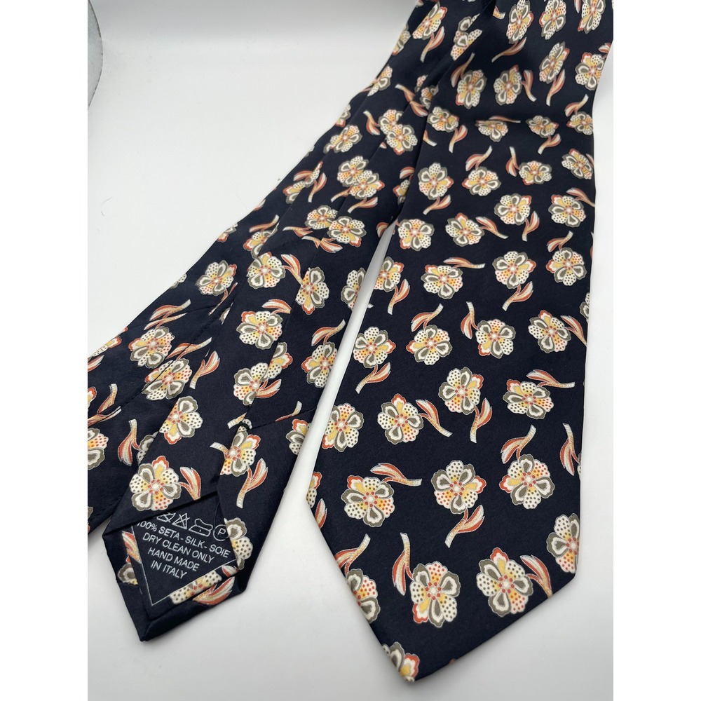 Italo Ferretti Mens Silk Floral Tie Navy Blue Orange Hand Made Italy Gandini